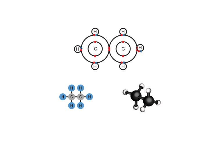 Ethanes molecular structure is 2 carbon atoms and 6 hydrogens